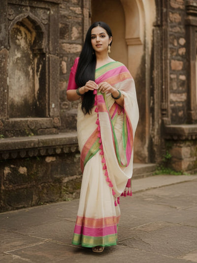 Indiehaat | Pure Mul Cotton Handloom Saree White