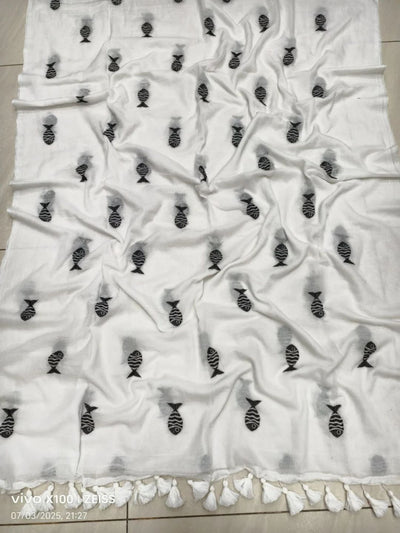 Indiehaat | Pure Mul Cotton Handloom Buti Saree White