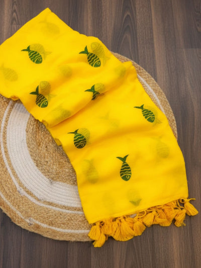 Indiehaat | Pure Mul Cotton Handloom Buti Saree Yellow