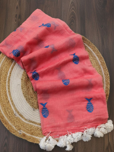 Indiehaat | Pure Mul Cotton Handloom Buti Saree Peach