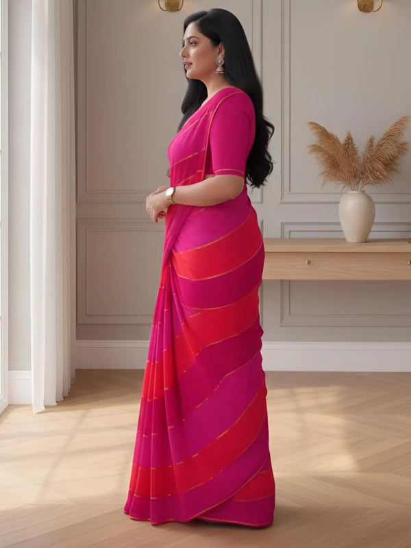 Indiehaat | Pure Mul Cotton Embroidery Saree Pink & Red