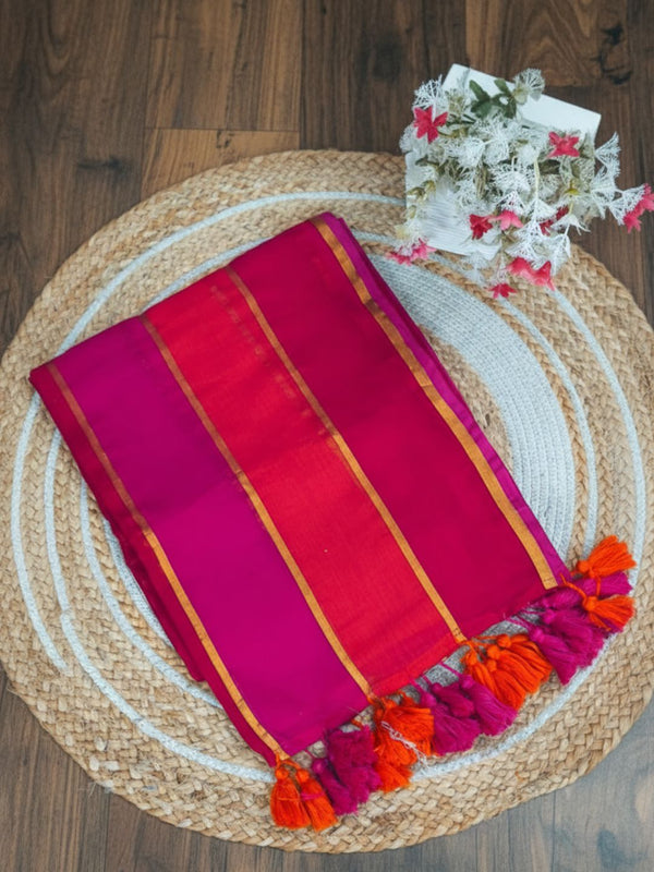 Indiehaat | Pure Mul Cotton Embroidery Saree Pink & Red