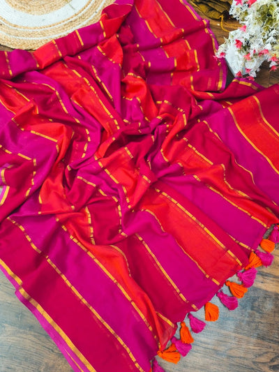Indiehaat | Pure Mul Cotton Embroidery Saree Pink & Red