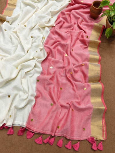 Indiehaat | Pure Mul Cotton Half Gini Saree Peach & White