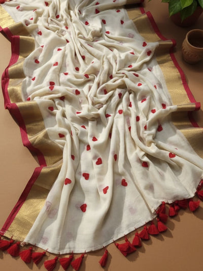 Indiehaat | Pure Mul Cotton Embroidery Saree Red & White