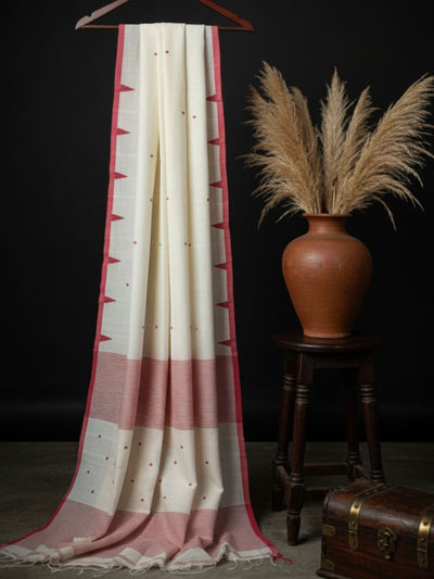 Indiehaat | Pure Mul Cotton Handloom Buti Saree Red & White