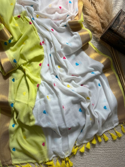 Indiehaat | Pure Mul Cotton Handloom Saree White & Yellow