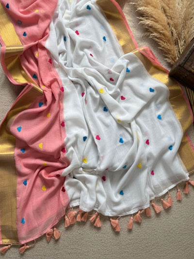 Indiehaat | Pure Mul Cotton Handloom Saree White & Yellow