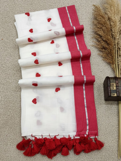 Indiehaat | Pure Mul Cotton Embroidery Saree Red & White