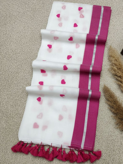 Indiehaat | Pure Mul Cotton Embroidery Saree Pink & White