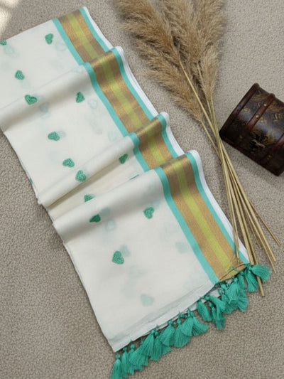 Indiehaat | Pure Mul Cotton Embroidery Saree White & Green