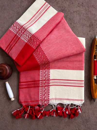 Indiehaat | Pure Khadi Cotton Handloom Saree Red & White