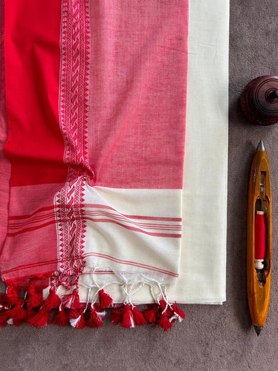 Indiehaat | Pure Khadi Cotton Handloom Saree Red & White
