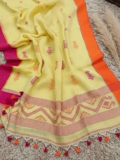 Indiehaat | Pure Cotton Jamdani Saree Yellow