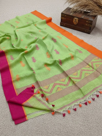 Indiehaat | Pure Cotton Jamdani Saree Green