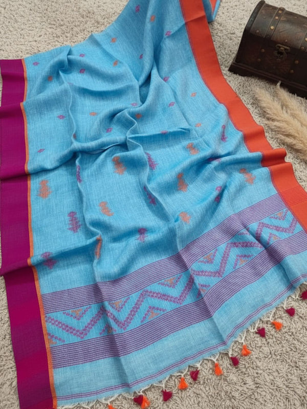 Indiehaat | Pure Cotton Jamdani Saree Blue