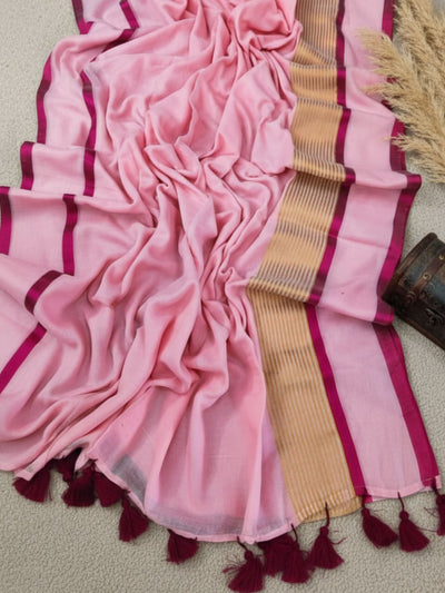 Indiehaat | Pure Mul Cotton Handloom Saree Pink