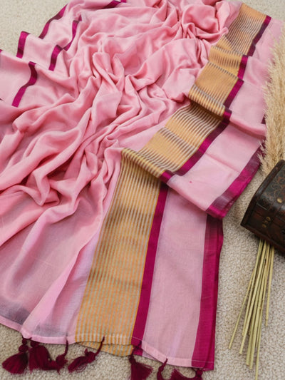 Indiehaat | Pure Mul Cotton Handloom Saree Pink