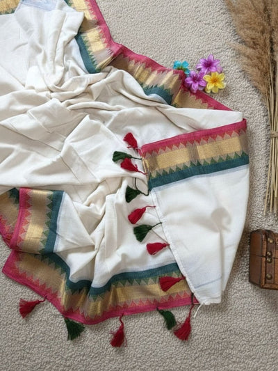 Indiehaat | Pure Mul Cotton Zari Border Saree White