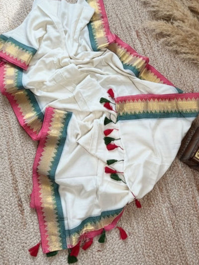 Indiehaat | Pure Mul Cotton Zari Border Saree White