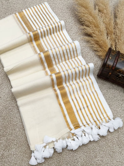 Indiehaat | Pure Mul Cotton Zari Checks Saree White