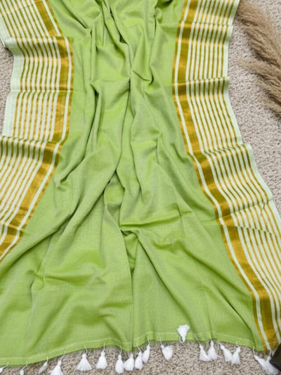 Indiehaat | Pure Mul Cotton Zari Checks Saree Green
