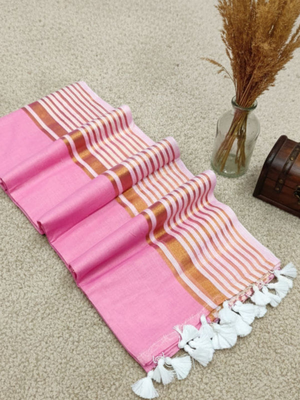 Indiehaat | Pure Mul Cotton Zari Checks Saree Pink