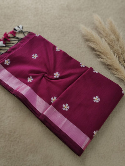 Indiehaat | Pure Khadi Cotton Embroidery Saree Pink