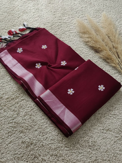 Indiehaat | Pure Khadi Cotton Embroidery Saree Red