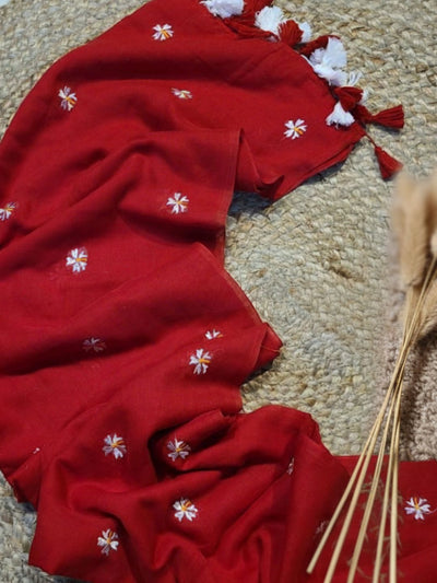 Indiehaat | Pure Mul Cotton Half Embroidery Saree Red