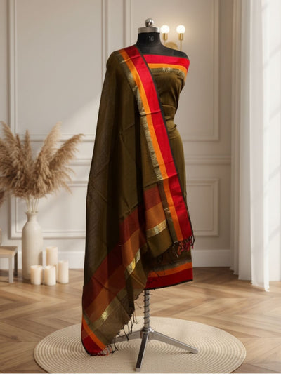 Indiehaat | Maheshwari Silk Zari Weaving Suit Green