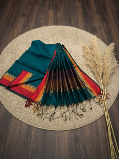 Indiehaat | Maheshwari Silk Zari Weaving Suit Blue