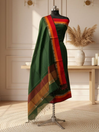 Indiehaat | Maheshwari Silk Zari Weaving Suit Green