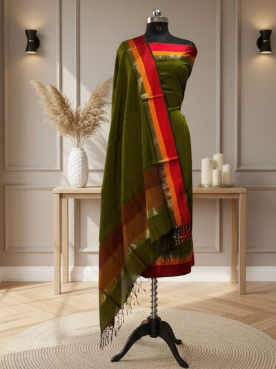 Indiehaat | Maheshwari Silk Zari Weaving Suit Green