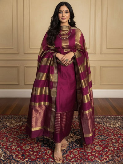 Indiehaat | Maheshwari Silk Zari Weaving Suit Pink