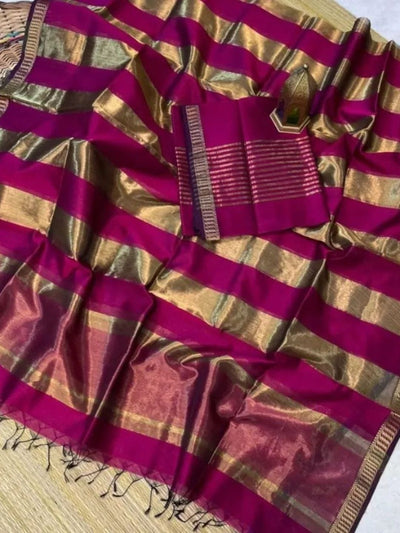 Indiehaat | Maheshwari Silk Zari Weaving Suit Pink