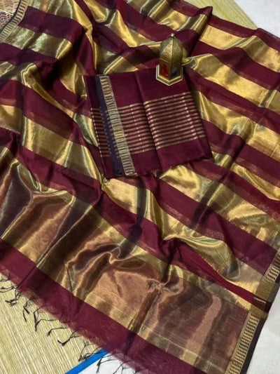Indiehaat | Maheshwari Silk Zari Weaving Suit Red