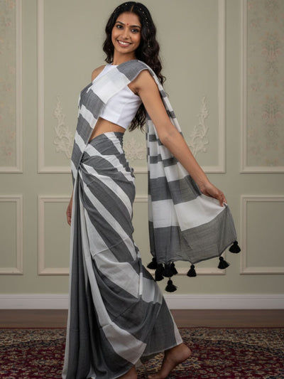Indiehaat | Pure Khadi Cotton Handloom Saree Gray & White