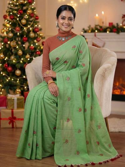 Indiehaat | Pure Cotton Half Embroidery Saree Green