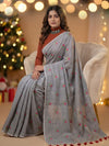 Indiehaat | Pure Cotton Half Embroidery Saree Gray