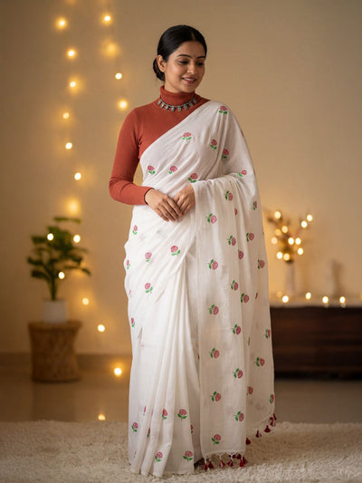 Hawa Hawai Half Embroidery Pure Cotton Saree White