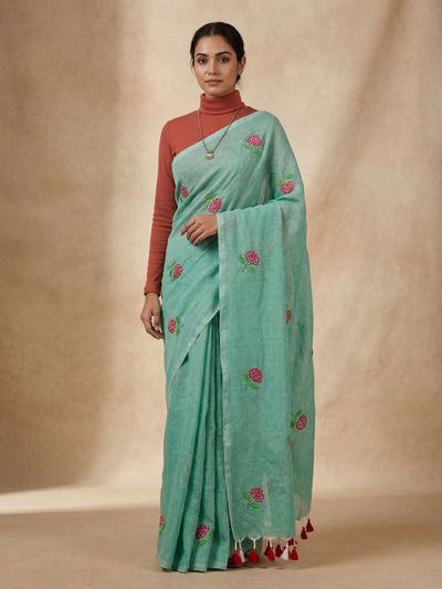 Hawa Hawai Half Embroidery Pure Cotton Saree Green