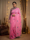Indiehaat | Pure Cotton Half Embroidery Saree Pink