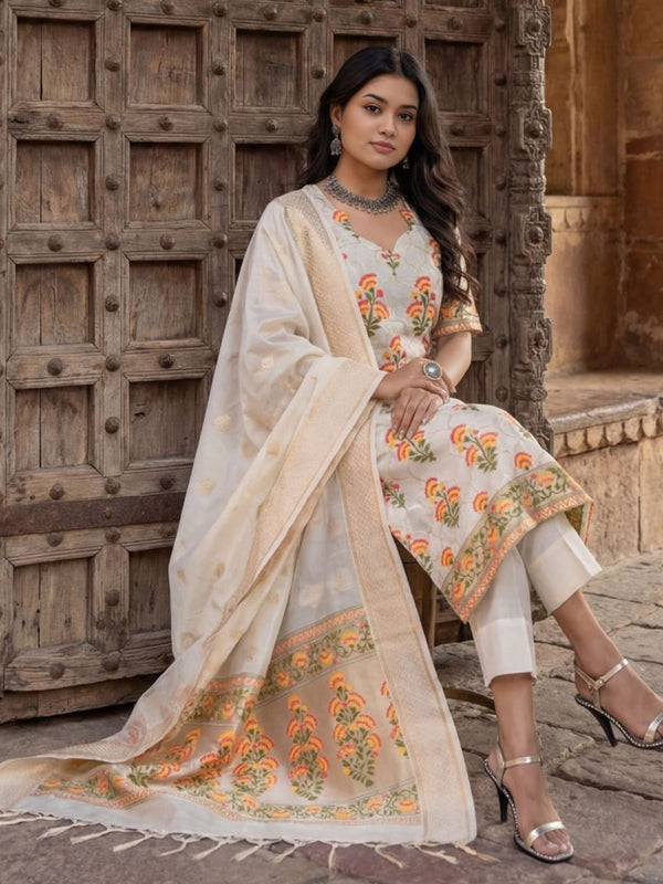 Indiehaat | Cotton Silk Blend Brocade Suit Cream