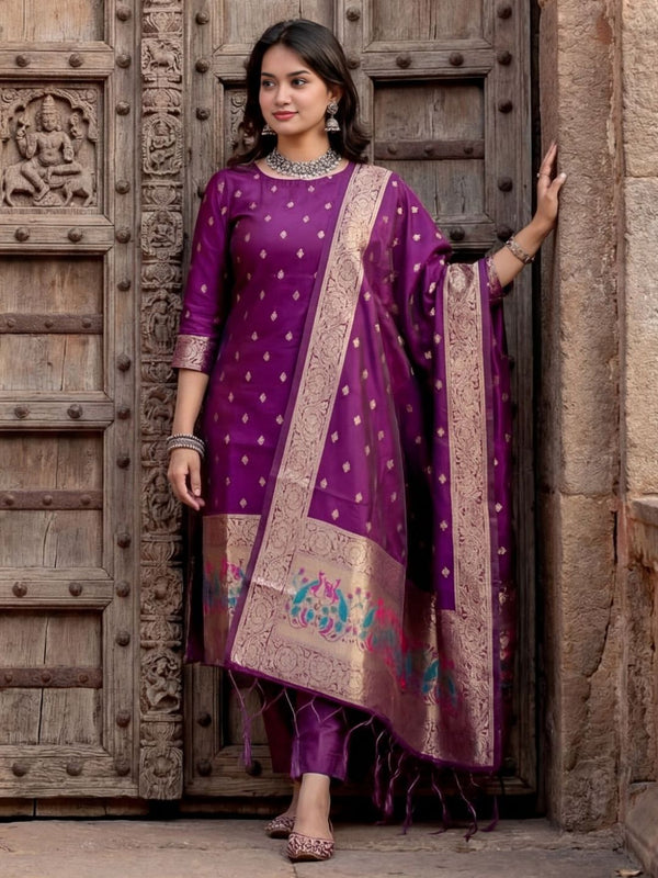 Indiehaat | Banarasi Silk Brocade Stitched Suit Purple
