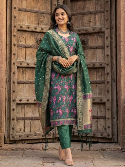 Indiehaat | Banarasi Silk Brocade Stitched Suit Green