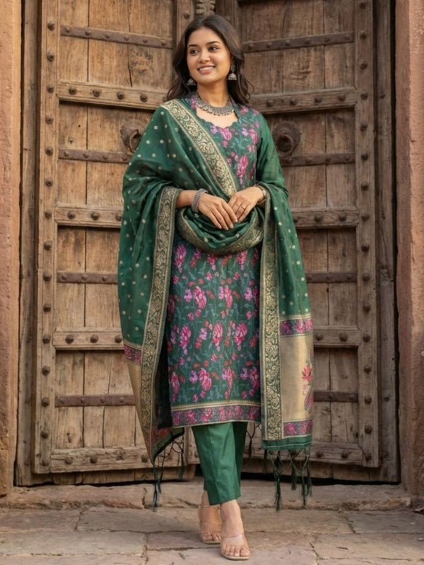 Indiehaat | Banarasi Silk Brocade Stitched Suit Green
