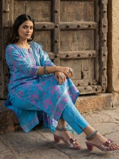 Indiehaat | Banarasi Silk Brocade Stitched Suit Blue