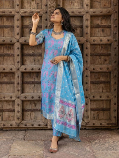 Indiehaat | Banarasi Silk Brocade Stitched Suit Blue