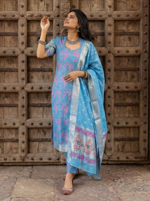Indiehaat | Banarasi Silk Brocade Stitched Suit Blue